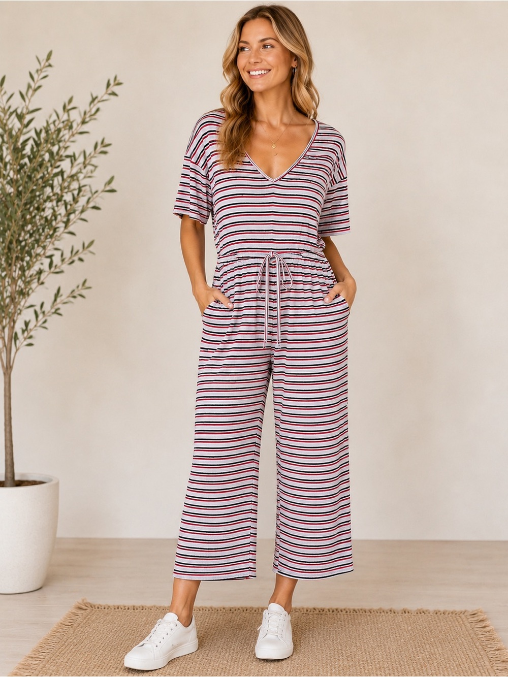 Umgee Stripe Wide Leg Cropped Romper Size L NWT